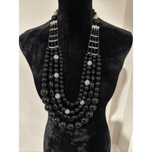 Joan Rivers Private Collection Black & Silver Beaded 4 Strand Necklace Bold - Picture 1 of 6